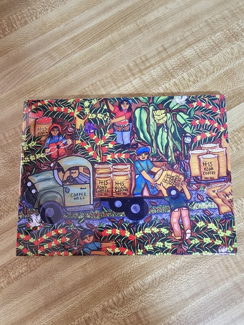Bobbi Caputo Folk Art Tile Signed 2022 Hawaiian Kona Coffee Harvest Decor 8x6"